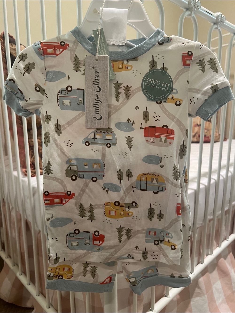 NWT Emily & Oliver Camper Print Kids Pajama Set in Cream and Blue Trim